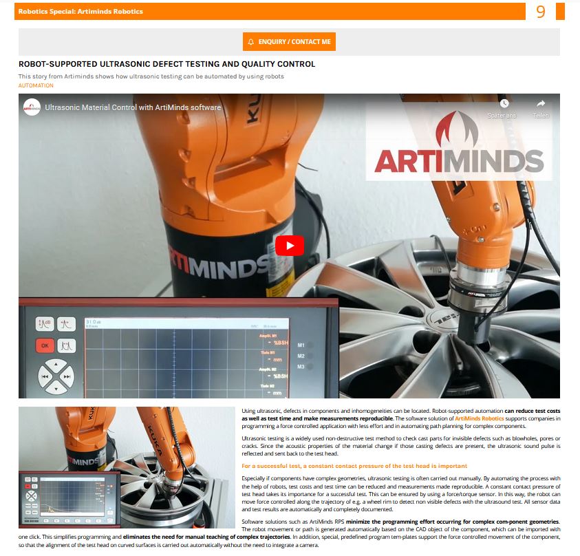 Robot-supported ultrasonic defect testing with ArtiMinds RPS